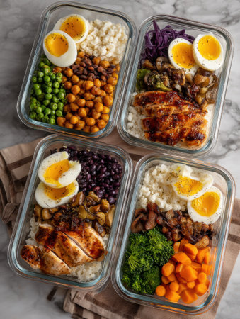 Colorful meal prep containers showcase a variety of healthy ingredients with chicken, vegetables, grains, and hard-boiled eggs ready for the week ahead.の素材