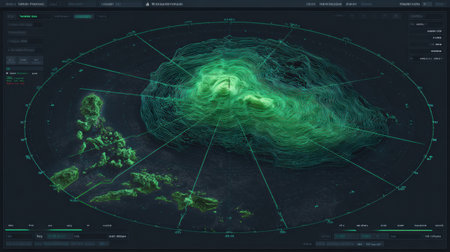 Advanced radar system displays storm patterns and intensity around Hawaii during the evening, showing unique weather formations and data.の素材