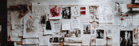 A collage of sketches, notes, and photographs covers a studio wall, reflecting an artists creative process in a cozy workspace illuminated by dusk light.の素材