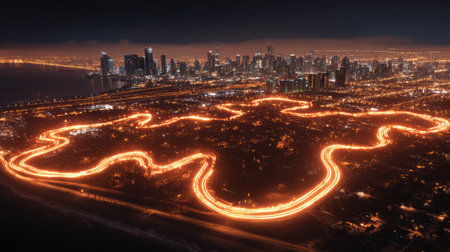 Winding fire trails create a vibrant pattern while illuminating the city skyline at night, showcasing a unique intersection of urban life and artistry.の素材