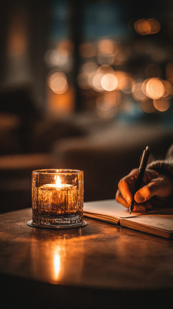 A hand writing in a notebook beside a glowing candle, creating a warm and tranquil atmosphere perfect for reflection and creativity.の素材