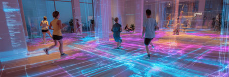 Participants engage in a high-energy workout in a futuristic gym space illuminated by colorful digital graphics during the evening hours.の素材