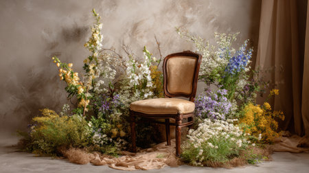 A vintage chair is placed in a cozy indoor space, enveloped by a rich assortment of colorful wildflowers creating a tranquil atmosphere in daylight.の素材