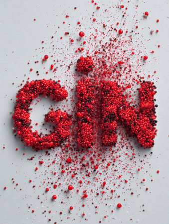 Colorful red edible beads are artistically arranged to spell the word gin on a neutral background, showing culinary creativity and artistic flair.の素材