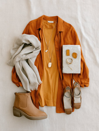 A fashionable display of an autumn outfit highlighting warm orange hues with a shirt, dress, and layered accessories, ideal for seasonal styling and comfort.の素材