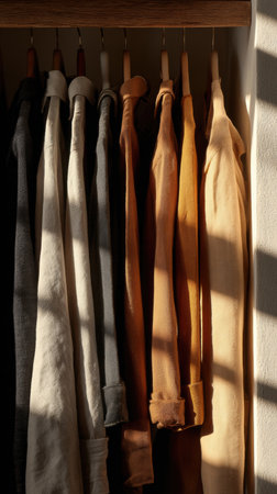 A row of shirts in various colors, including beige and gray, is neatly hung on wooden hangers, illuminated by soft afternoon sunlight.の素材