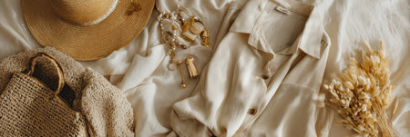 Light shirt, straw hat, and accessories are beautifully arranged on a soft fabric background, creating an ideal summer outfit display for a chic look.の素材