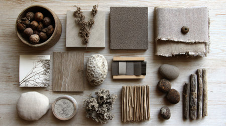 An artistic arrangement showcases natural materials, including stones, fabrics, and dried plants, emphasizing organic textures and earthy colors on wood.の素材