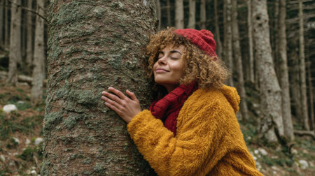 A person wearing a cozy outfit joyfully hugs a tree in a serene forest setting amid tall trees and fallen leaves during autumn.の素材