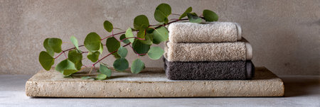Soft and plush towels in neutral tones are neatly arranged on a rustic stone tray, accompanied by vibrant eucalyptus leaves, creating a soothing atmosphere.の素材