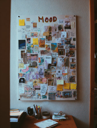 A vibrant mood board displays a collection of photos, notes, and small sketches showcasing creative ideas and inspirations in a workspace.の素材