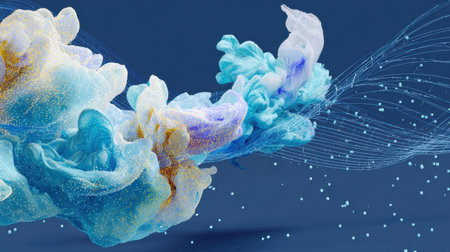 Dynamic and colorful abstract artwork showcases fluid shapes intertwining with sparkling elements, creating an enchanting visual effect against a blue backdrop.の素材