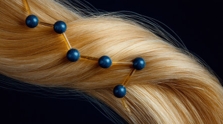 Luxurious golden hair strands are intricately twisted together, adorned with blue beads that highlight their glossy texture and flowing movement.の素材