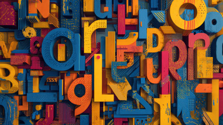 Vivid arrangement of letters and abstract shapes in bright blue, yellow, and red colors forming a lively surface that inspires creativity and imaginationの素材