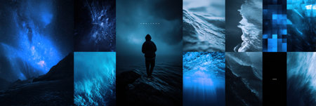 A solitary figure stands on rocky shorelines, surrounded by deep blue ocean hues, capturing the serene essence of nature at nighttime.の素材