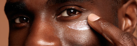 Close-up view of a person applying moisturizer to their skin, focusing on hydration and nourishment. The individual has dark skin and a careful expression.の素材