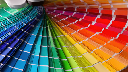 A fan of vibrant paint swatches showcases a wide range of colors, from deep blues and greens to bright yellows and reds, ideal for design projects.の素材