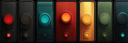 A vibrant display features a series of vintage buttons in various colors and textures, set against a dark backdrop, showcasing their unique designs.の素材