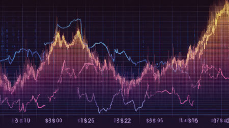 Colorful graphs represent stock price movements over time, illustrating volatility and market trends. The data highlights trading activity and changes.の素材