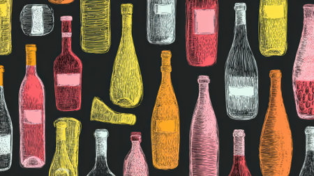 A vibrant display of uniquely shaped wine and sparkling beverage bottles shines against a black backdrop.の素材