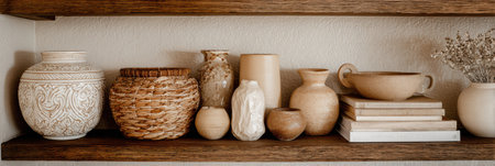Neutral-toned pottery and decorative items arranged on a wooden shelf create an inviting atmosphere in a cozy living space with warm lighting.の素材