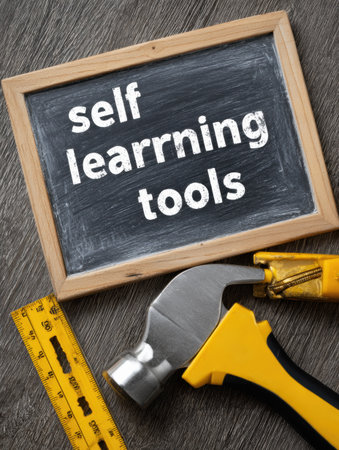 Various tools are arranged on a wooden surface, showcasing self learning tools ideal for education in practical skills, particularly in construction and repair.の素材