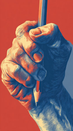 A hand firmly holds a pencil against a striking red and blue background, representing the act of creation and the power of artistic expression.の素材
