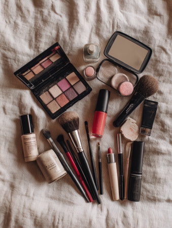 Various makeup products and tools are thoughtfully arranged on a light, textured fabric, highlighting their colors and textures for easy selection.の素材