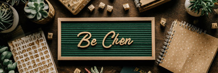 A cozy workspace showcases a personalized wooden sign among succulents, stationery, and decorative items, creating an inviting and creative atmosphere.の素材