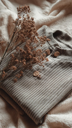A ribbed gray sweater featuring buttons is arranged neatly alongside dried flowers on a plush, neutral-toned fabric, evoking a warm, autumn vibe.の素材