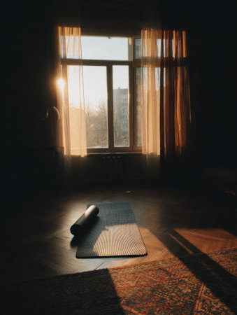 Warm sunlight filters through sheer curtains onto a yoga mat, creating a peaceful ambiance in a tranquil indoor space during the early morning hours.の素材