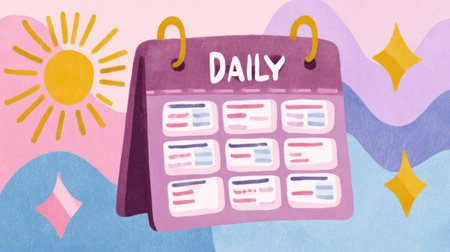 A vibrant daily calendar displays a structured schedule against a pastel background with stylized sun and sparkles, perfect for planning tasks effectively.の素材