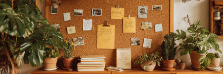 A serene workspace showcases vibrant indoor plants alongside pinned notes and pictures on a cork board, creating a warm and inviting atmosphere.の素材