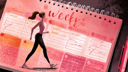 A colorful weekly planner illustration shows a woman jogging while planning her week. Each day is outlined in vibrant sections creating an organized look.の素材