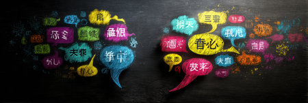 Vibrant chalkboard artwork showcases various speech bubbles filled with unique words, creating an engaging visual display in a city environment.の素材