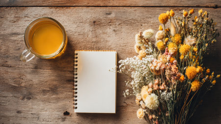 A cup of warm tea sits beside a blank notepad and a colorful bouquet of dried flowers, creating a tranquil workspace on a rustic wooden table.の素材