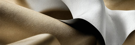 Textured silk fabrics in gentle folds highlight the interplay of beige and silver tones, creating an elegant visual effect in soft lightの素材