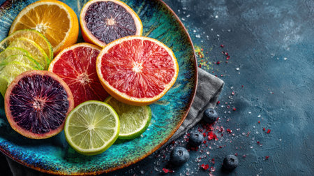 Assorted citrus fruit slices including blood oranges, lemons, and limes are beautifully arranged on a colorful plate with blueberries and salt nearby.の素材