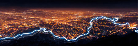 A vibrant city skyline shines at night, with countless lights reflecting off a winding river, showing the beauty of urban life after dark.の素材