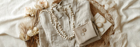 A stylish outfit laid out on a soft surface, featuring a light-colored shirt, accessories, and dried flowers, creating an inviting and serene atmosphere.の素材