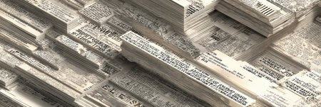 Stacks of printed paper in a bright indoor space create a layered effect, showing a variety of information.の素材