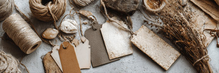 Various crafting supplies are spread out on a textured surface, including tags, twine, stones, and dried flowers, showing a creative workspace atmosphere.の素材