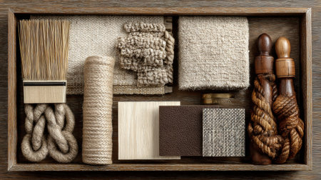 A tray holds various materials including yarn, fabric swatches, and decorative elements, highlighting textures in earthy colors, perfect for design projects.の素材