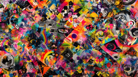 A collage showcases bold colors, intricate patterns, and a variety of textures, creating an eye-catching piece of modern art in an artistic setting.の素材