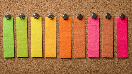 Bright sticky notes in various colors are arranged neatly on a corkboard, serving as reminders and notes in a busy office environment.の素材