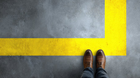 Brown shoes positioned at the edge of a yellow line on a gray concrete floor, highlighting a contrast in a contemporary space during daylight hours.の素材