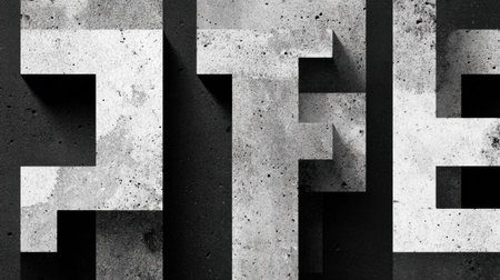 Unique concrete letters rest on a dark surface, showcasing sharp geometric shapes and a blend of shadows that enhance their industrial aesthetic and form.の素材
