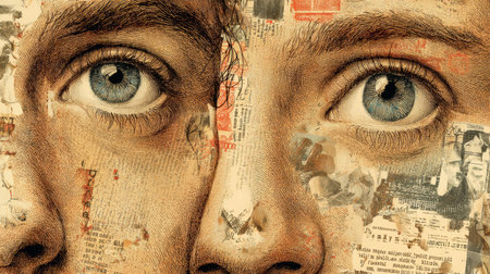 Close-up of expressive blue eyes combined with newspaper clippings, showing the contrast between emotion and societal narratives in art.の素材