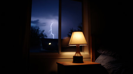 A lightning bolts flashes outside a quiet bedroom, illuminating the darkness while a lamp casts a warm glow on the bedside table.の素材