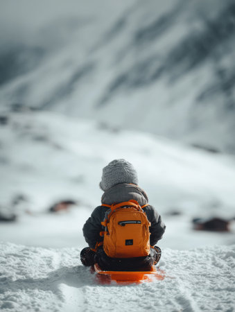 A child sits on a sled in a snowy landscape, surrounded by mountains. The bright orange backpack contrasts with the white snow and gray sky.の素材